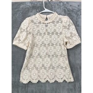 Veronika Maine Blouse Size 8 Crochet Floral Lace Ivory Cotton  Short Sleeve Boho